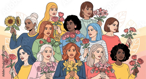 Diverse group of women holding flowers celebrating femininity and unity.