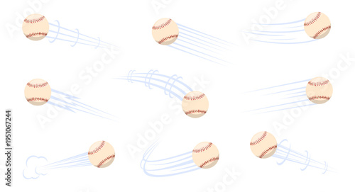 Flying baseball with airflow marks. Championship shot and pass. Movement trajectory. Track effect. Speed motion flow. Athletic match. Orb hit. Flight stream trail. Jet traces vector set