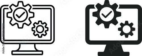 Computer system settings vector icon, monitor with gears and checkmark for technical support service
