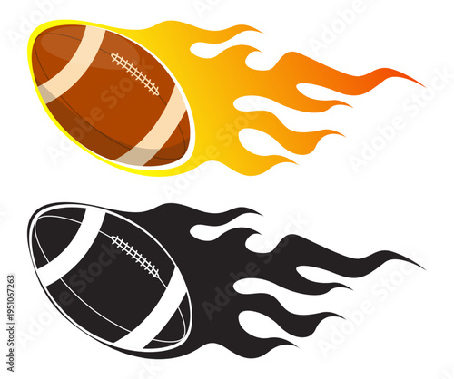 Flying American football in tongues of flame and fire. Fiery tournament. Speed shot. Fast goal. Game competition. Ignition heat. Rugby black silhouette. Flammable fly. Vector sports logo