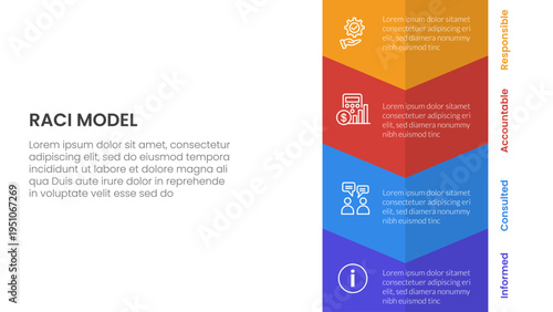 RACI model infographic 4 point stage template with vertical arrow bottom direction for slide presentation