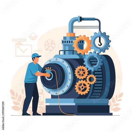 Mechanic working on industrial turbine machine with gears, technology, repair and maintenance