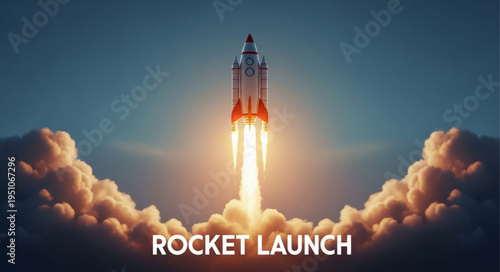 Rocket Launching into the Sky with Bright Flames and Smoke.