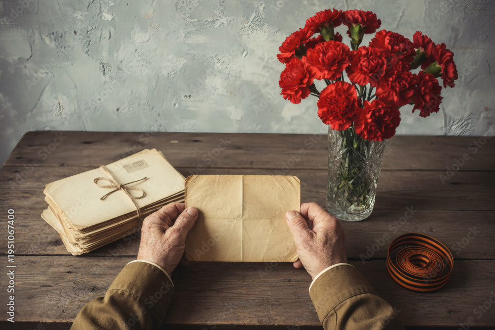 Naklejka premium An elderly soldier is reading old military letters while sitting at a table. There is a St. George ribbon, letters, a military cap, and red carnations on a gray background.