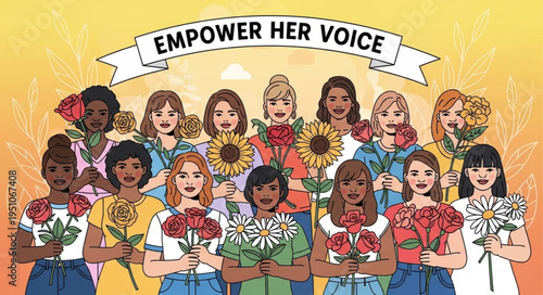 Diverse group of women holding flowers empowering her voice.