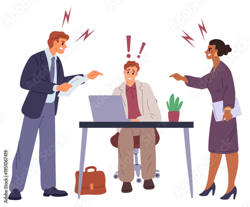 Bullying by colleagues or boss at work. People point their fingers at male colleague and shout. Unhappy victim. Negative feedback from office team. Conflict at workplace. Vector concept