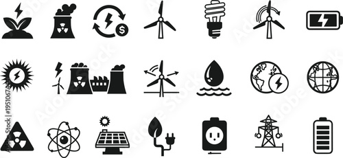 Renewable energy sustainability icons collection, solar wind hydro power vector, environmental science symbols, eco technology design elements, global energy artwork, flat vector illustration