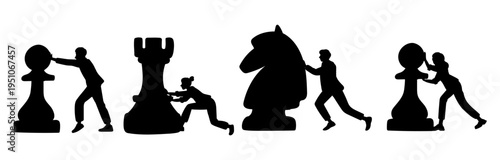 Black silhouettes of men and women pushing giant chess pieces. Checkmate with knight and rook. Employee moving pawn with efforts. Chessboard figure. Vector concept of strategy and play