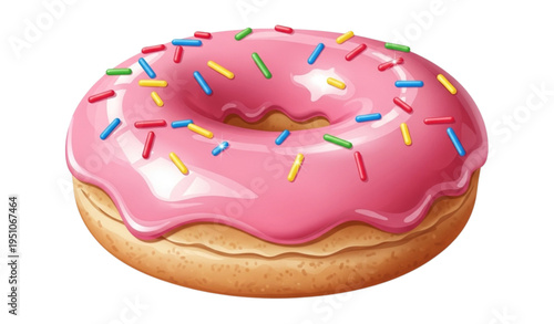 A colorful vector illustration of a pink frosted donut with sprinkles