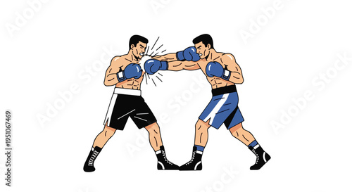 Illustration of two boxers punching each other in blue and black gear with motion lines on a white background.