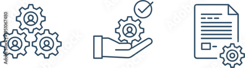 Business management vector icon set, professional workflow gears with document and human resource symbols