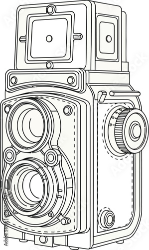 Detailed black and white line art illustration of a classic twin lens reflex camera design perspective view
