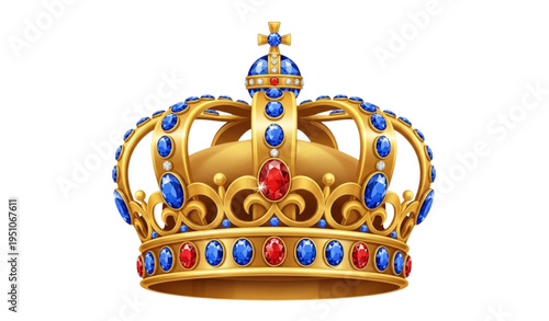 A gold crown with blue and red jewels on a white background