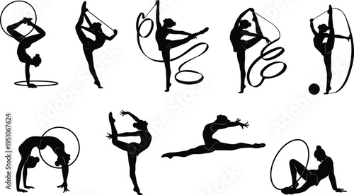 rhythmic gymnastics, gymnast silhouette, hoop routine, ribbon dance, flexibility, sport, athlete, acrobatics, performance, movement, balance, fitness, 