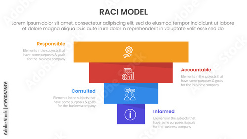 RACI model infographic 4 point stage template with pyramid shape reverse inverted for slide presentation
