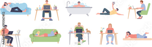 People relaxing and working at home lifestyle set, cartoon characters using laptop, resting, bathing, exercising, modern daily routine illustration
