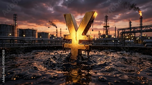 Golden yuan symbol rising from water at sunset with industrial oil refinery and pipelines in background warm dramatic light