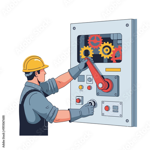 Technician operating industrial control panel with gears and levers