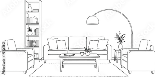 A minimalist line art drawing of a modern living room interior with comfortable furniture and stylish decor on a white background.