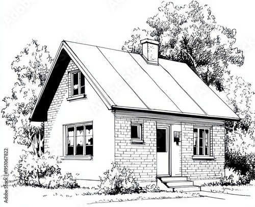 Charming Cottage Sketch - Detailed Black and White Illustration of a Quaint House.