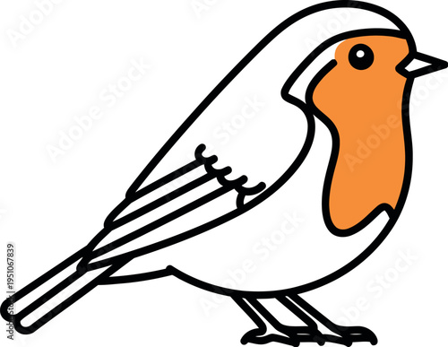 A charming simple cartoon illustration of a european robin with a distinctive orange-red breast and white body, outlined in black, perfect for children's books or nature themes.