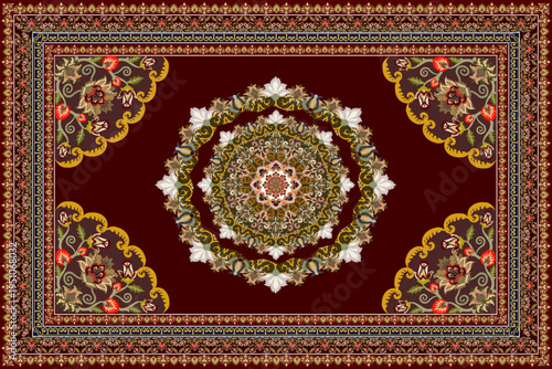 This image presents a traditional Persian carpet design featuring a symmetrical layout with a central medallion as the focal point.