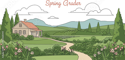 Charming storybook illustration depicts a quaint country home nestled among rolling green hills during springtime bloom
