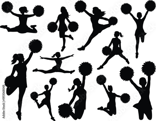 Cheerleader silhouette icon set, pom-pom dance figures, athletic jump and kick graphics, sports performance symbols, black vector, white background