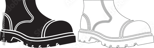 Work Boot Silhouette and Outline on White Background
