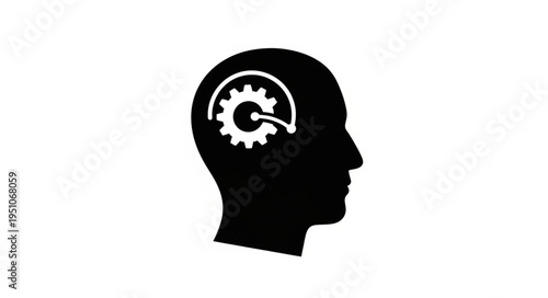 Silhouette of a human head with a gear inside representing thought process.