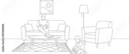 Father relaxes reading a book on the sofa while small child plays quietly with a toy car on the rug