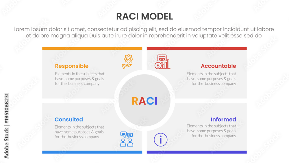 Fototapeta premium RACI model infographic 4 point stage template with big circle center rectangle square for slide presentation