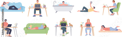 people relaxing at home lifestyle illustration set, daily activities resting working bathing reading laptop couch modern flat characters