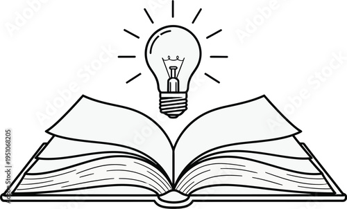 Illustration of an open book with a bright light bulb above it, symbolizing education, knowledge, and the generation of new ideas.