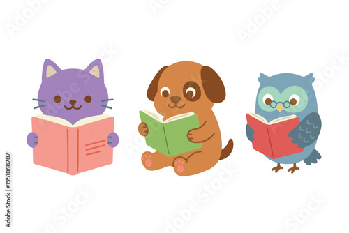 Cute Animal Reading Book Collection Set with Cat, Dog, and Owl Characters