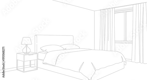 Minimalist bedroom interior design sketch featuring a neatly made bed beside a modern nightstand and window.