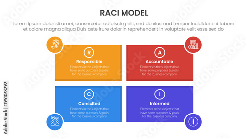 RACI model infographic 4 point stage template with rectangle shape and circle badge on edge for slide presentation