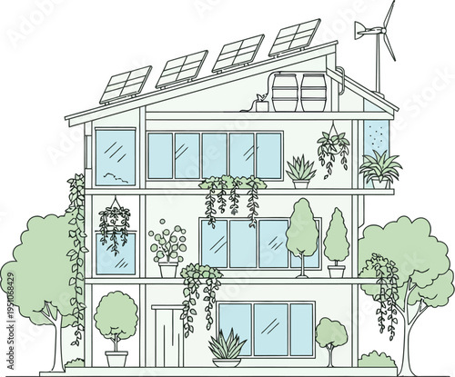 Modern sustainable building illustration showcasing solar panels, wind turbine, and green plants for an environmentally friendly lifestyle.