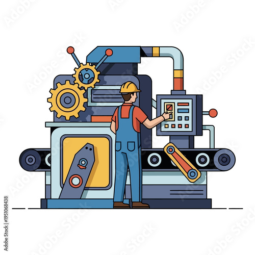 Factory worker operating automated production line machinery in industrial setting