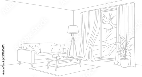 Minimalist line art sketch depicts a cozy living room interior featuring a comfortable sofa beside a window view.