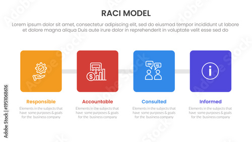 RACI model infographic 4 point stage template with square box with horizontal direction for slide presentation