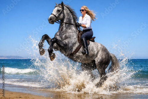 Dynamic shot of a blonde woman in sunglasses riding a majestic dappled grey horse rearing up in the ocean waves on a sunny beach, creating a powerful splash.