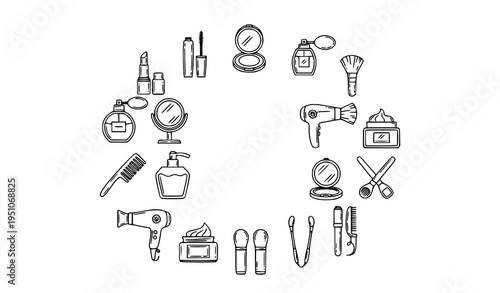 Beauty line art icon set with cosmetics and skincare tools in thin outline style isolated on white background