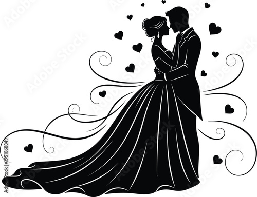 Romantic couple silhouette vector illustration, wedding embrace, love bond, heart motif, decorative swirl artwork, romance design, celebration culture, flat vector illustration