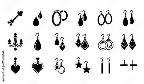 Hand drawn earrings icon set with decorative jewelry designs in sketch style isolated on white background