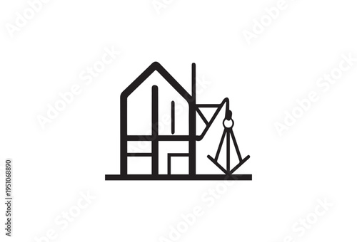Black vector icon of house with construction crane