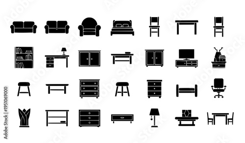 Furniture icon set with home and office items in flat minimal style isolated on white background
