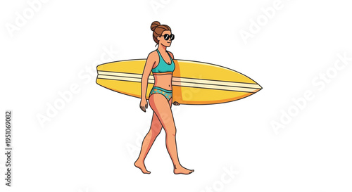 Vector illustration of woman in bikini carrying yellow surfboard