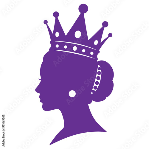 Elegant purple silhouette profile of a regal queen wearing an ornate crown and earring isolated on a white background suggesting royalty and power