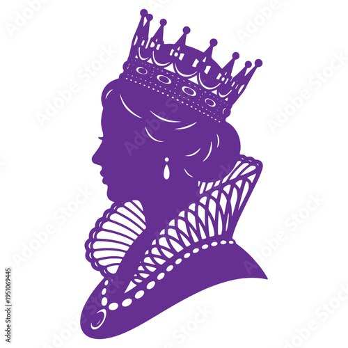Elegant purple silhouette profile of a royal queen wearing an ornate crown pearl necklace and elaborate ruffled collar isolated on a clean white background symbolizing power and nobility